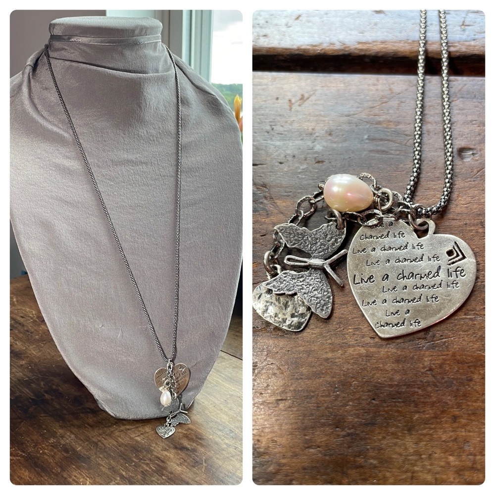 SILPADA Sterling Silver & Pearl Charm Necklace, Inscribed, Tagged, Retired